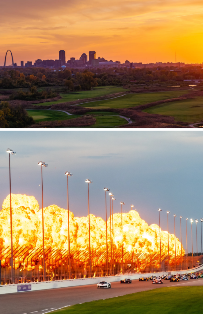 Drone Short of Golf Grounds Behind backdrop of St Louis arch